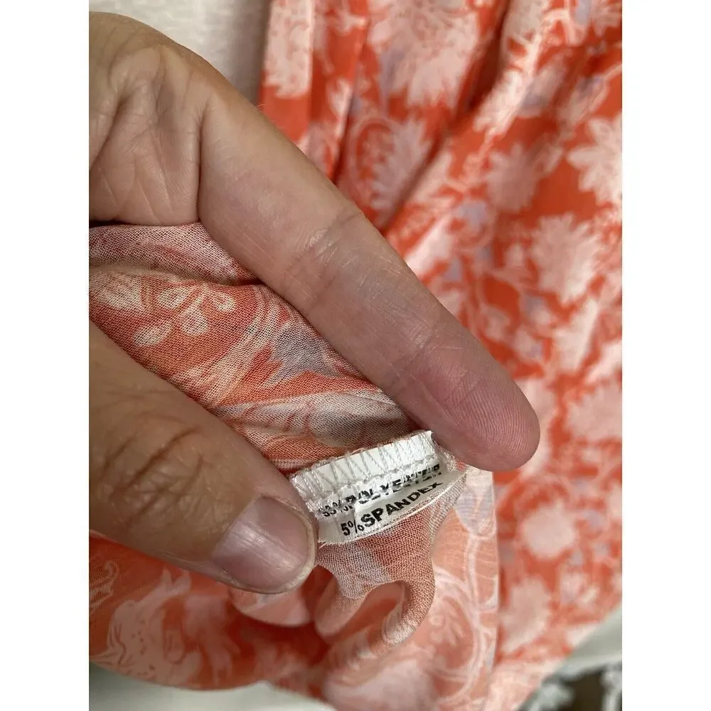 Womens sz L Orange boho sheer cover up dress floral ruffle bell sleeve tropical - Picture 5 of 5